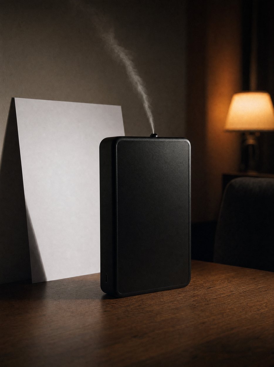 A thin ribbon of cold mist rising from the diffuser on a walnut table