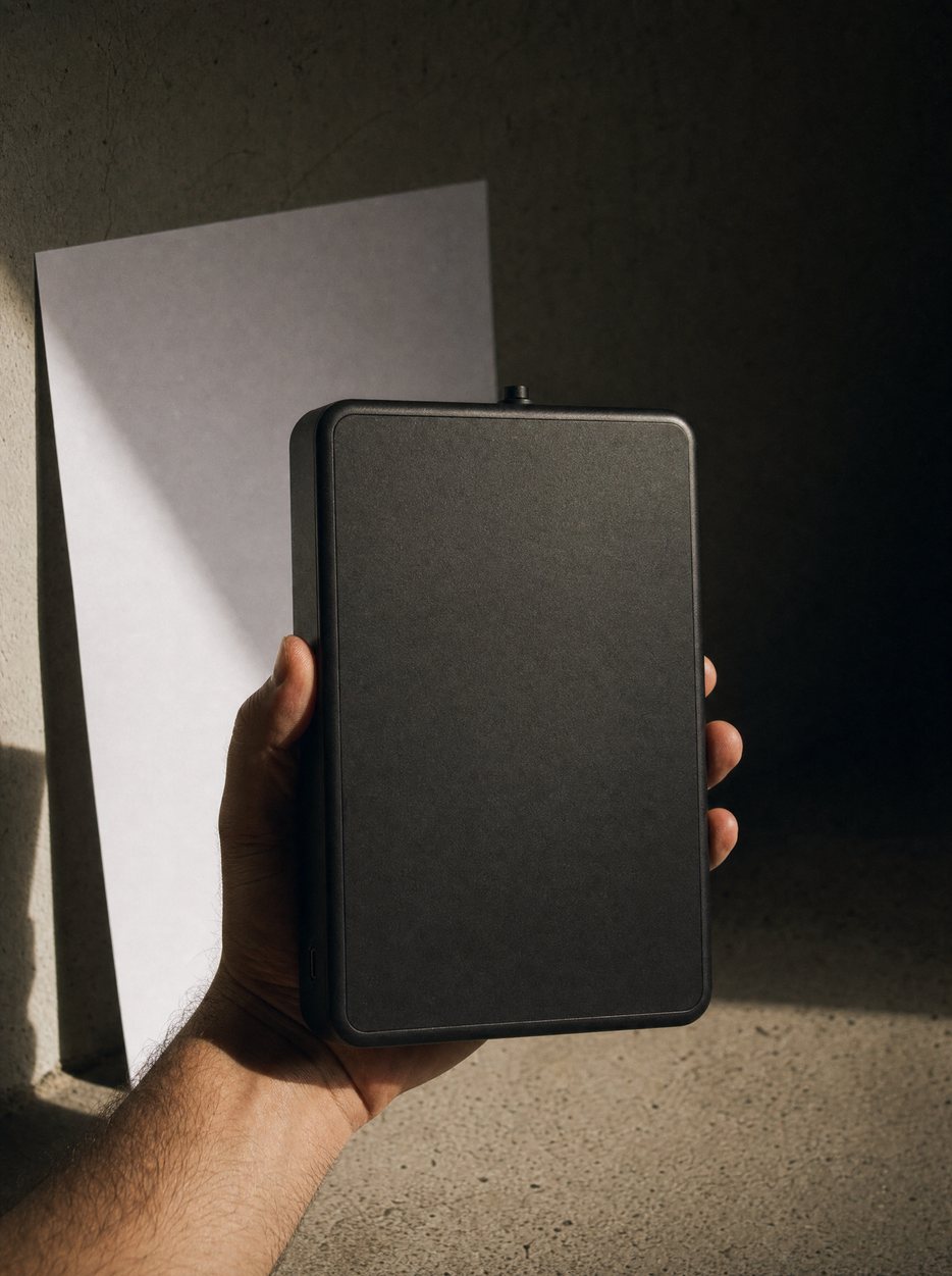 A hand holding the diffuser against a sheet of paper, showing its true size